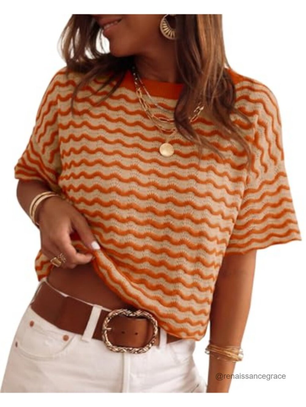 Women's Crochet Sweater Top | Short Sleeve Knit Pullover | Striped Color Block